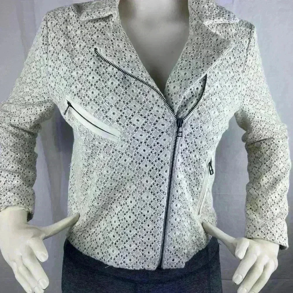 Dolan anthropologie Rossi Eyelet ivory blue moto jacket s small boho festival - Picture 6 of 10